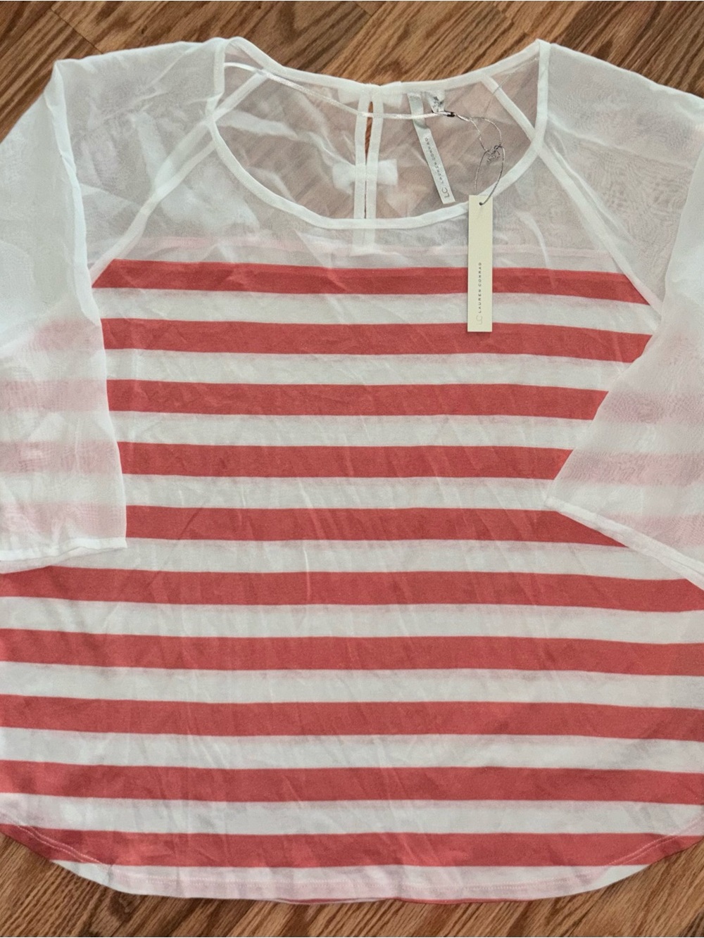 LC Lauren Conrad Coral and White Striped Sheer-Sleeve Tunic